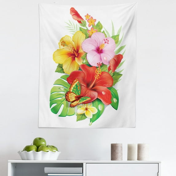 Hawaiian Tapestry, Bouquet of Colorful Hibiscus Flowers a Butterfly Blooming Plumeria Petals, Fabric Wall Hanging Decor for Bedroom Living Room Dorm, 5 Sizes, Multicolor, by Ambesonne
