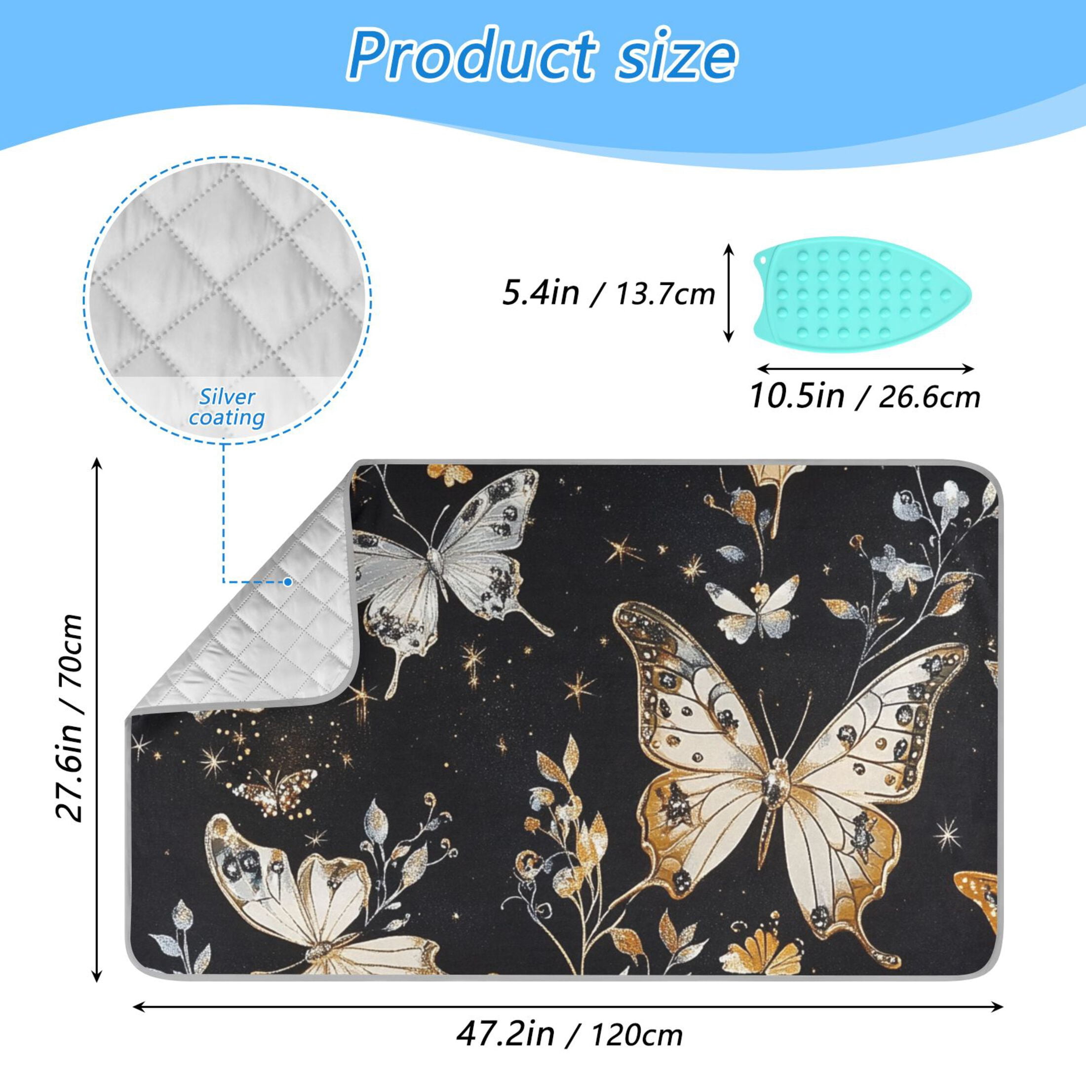 Gold Silver Butterflies Leaves Ironing Mat Blanket Portable Travel Ironing Pad Heat Resistant Pad 47.2" x 27.6”