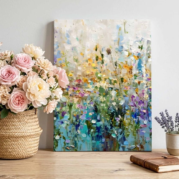 Wild Garden Canvas Wall Art, Rustic Yellow Teal Floral Impressionist Landscape Framed Canvas Wall Decor Picture Print Artwork Decorations for Living Room Office Ready to Hang 20" x 16"