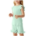 thumbnail image 2 of CYRBOKO Toddler Girls Outfit Sets, Solid Color Short Sleeve 2 Pieces T Shirts with Shorts Sets Green Size 2-3T, 2 of 7