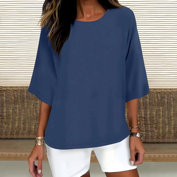 LYEAA Women 3/4 Sleeve Round Neck Casual Top Pure Color Elastic Comfort Blouse for Summer Outdoor Daily Wear Soft Breathable Cotton Shirt Dark Blue S