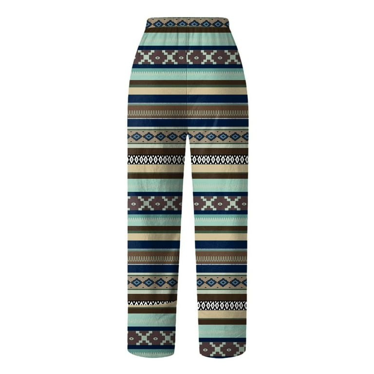 Zodggu Save Big Wide Leg Pants for Women Full Length Elastic High Waist  Chevron Ethnic Pattern Print Athletic Trousers With Pocket Sports Loose Fit Cotton  Linen Female Leisure Green 4 