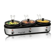 MegaChef Slow Cookers and Buffet Server with 3 Ceramic Cooking Pots and Removable Lid Rests, 2.5 Quart, Brushed Silver & Black