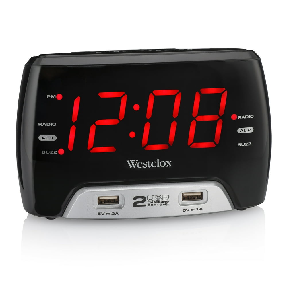 Westclox Large 1.4” Red LED Digital FM Clock Radio 2 USB Charging Port