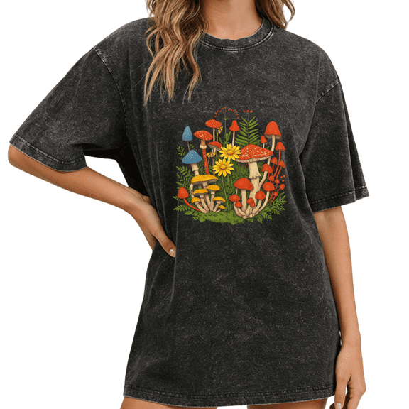 S-2XL Womens Vintage Washed Black Graphic T Shirt Colorful Mushroom Design Casual Crew Neck Short Sleeve Nature Tee