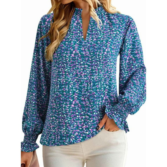 Womens V Neck Floral Long Sleeve Tops Summer Casual Loose Puff Sleeve Chiffon Boho Work Blouse Dressy T Shirts Color L
