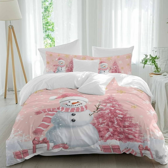 Christmas Snowman 4 Piece Duvet Cover Set California King Size Snowman Xmas Tree Snowflakes Winter Pink Soft Bedding Set Comforter Cover, 1 Duvet Cover 1 Flat Sheets and 2 Pillowcases