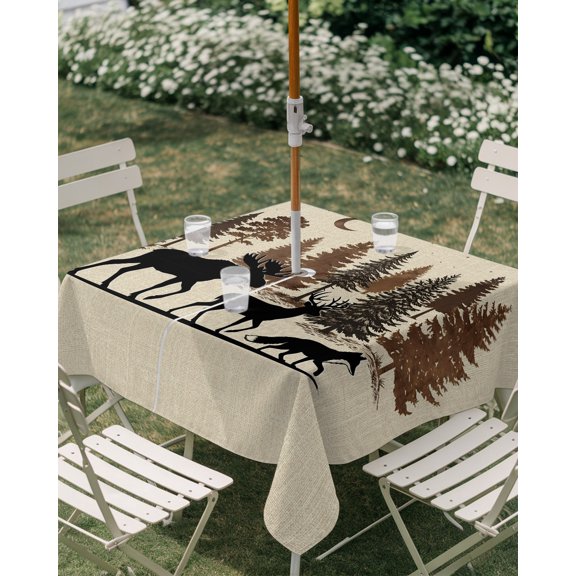 Outdoor Tablecloth with Umbrella Hole, Forest Deer Retro Linen Zippered Table Cloth for Rectangle Tables, Silhouette Washable Waterproof Tablecloths for Picnic Patio Garden