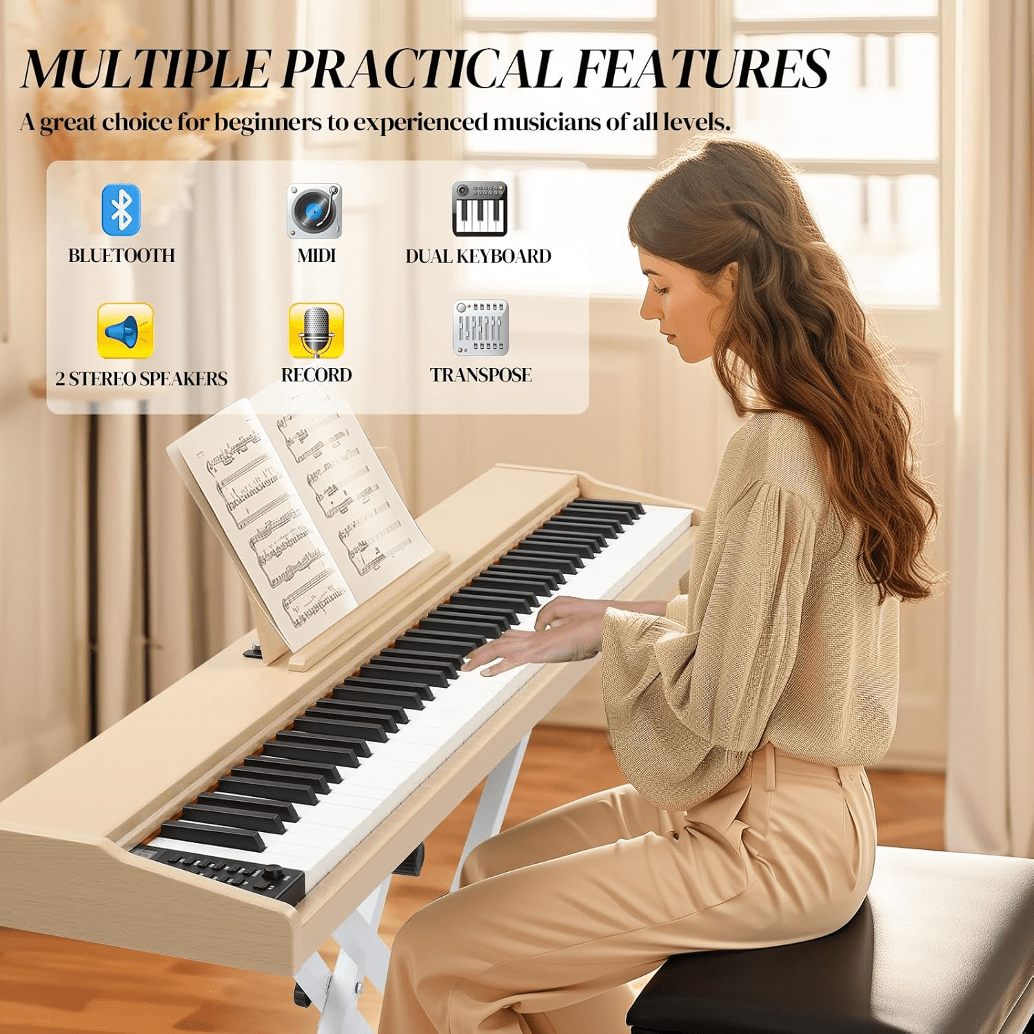 Hassch 8 Key Digital Piano with Stand, Full Size Semi-Weighted Keyboard with MIDI Bluetooth, Triple Pedals, Headphone and Other Accessories, Teak Color