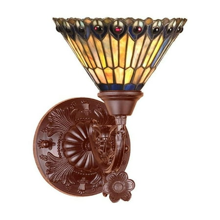 Meyda 8"W Tiffany Jeweled Peacock Wall Sconce