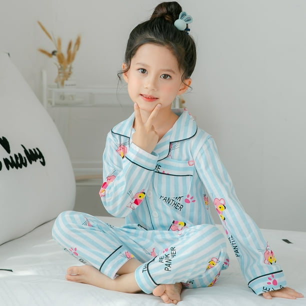 Pijamas para niñas Primavera y otoño Manga larga Niños Delgados Grandes Niños Princesa Niñas Traje de casa Solapa Ropa exterior