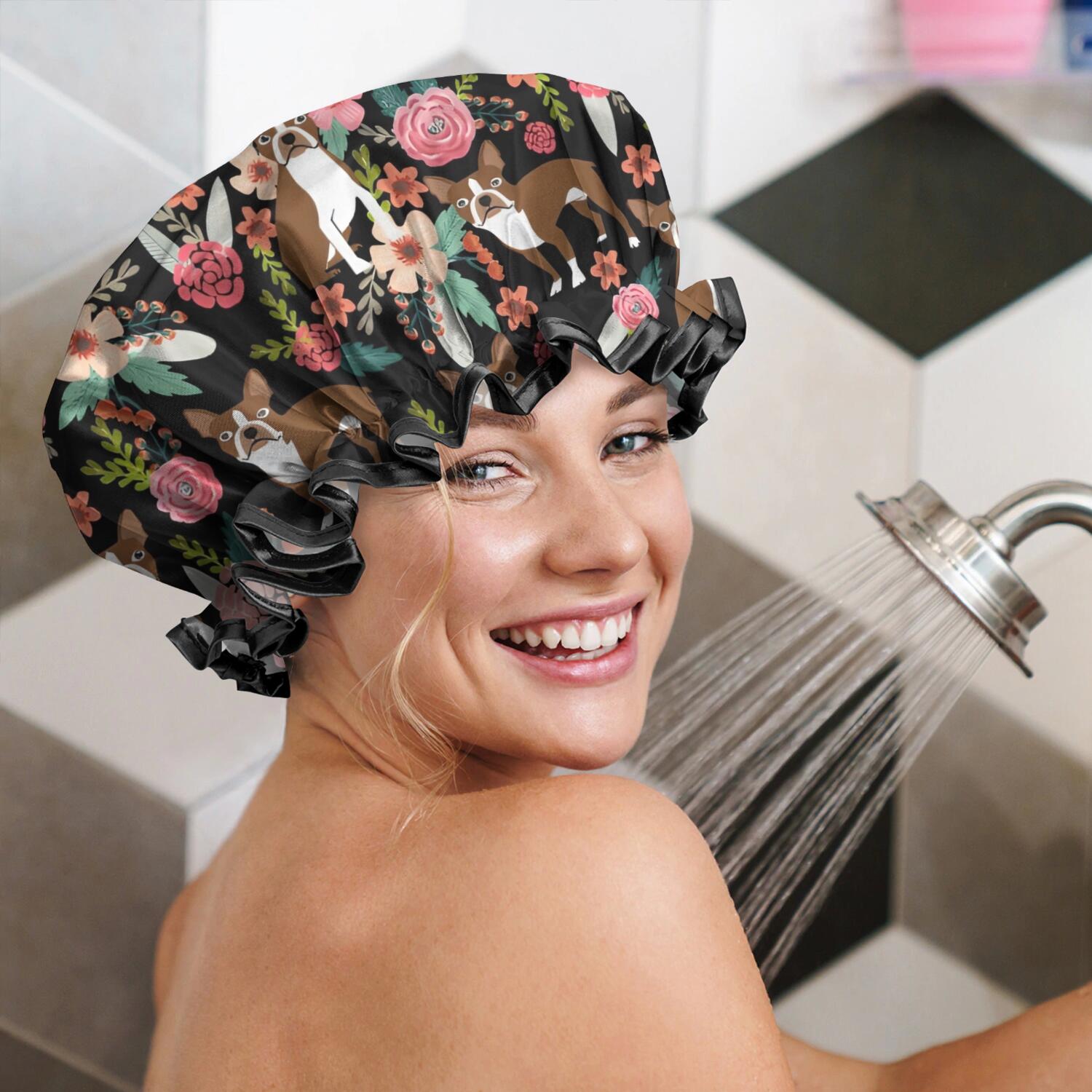 Shower Caps,Boston Terrier Dog with Pioneer Flower Waterproof Shower Cap for Women 4 Pieces,Double Reusable Hair Cover for Shower PEVA Elastic Stretch Hem