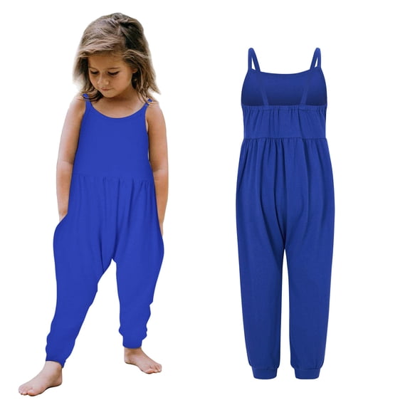 Kids Jumpsuit Girl Spaghetti Strap Sleeveless Loose Romper Long Pants with Pockets 4-5 Years Girls Clothes