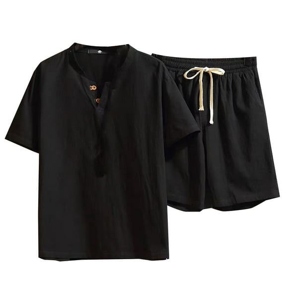Bcfgryg Men's Linen Short Sleeve Shirt And Shorts Set Summer Casual Sports Two Piece Outfit For Active Men’s Outfit Sets