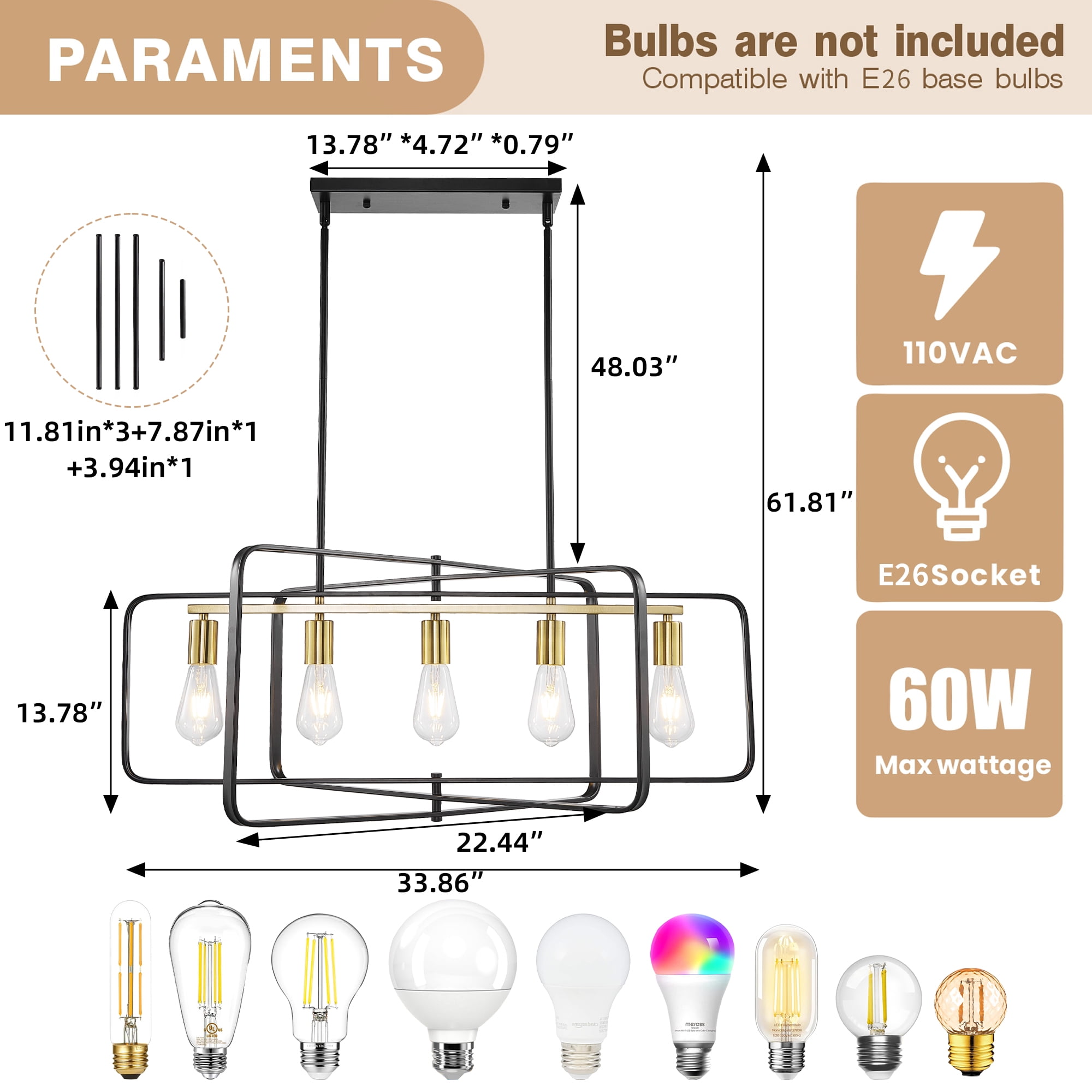 bokifol 5-Light Black Gold Farmhouse Chandelier Rectangle Ceiling Fixture for Dining Room