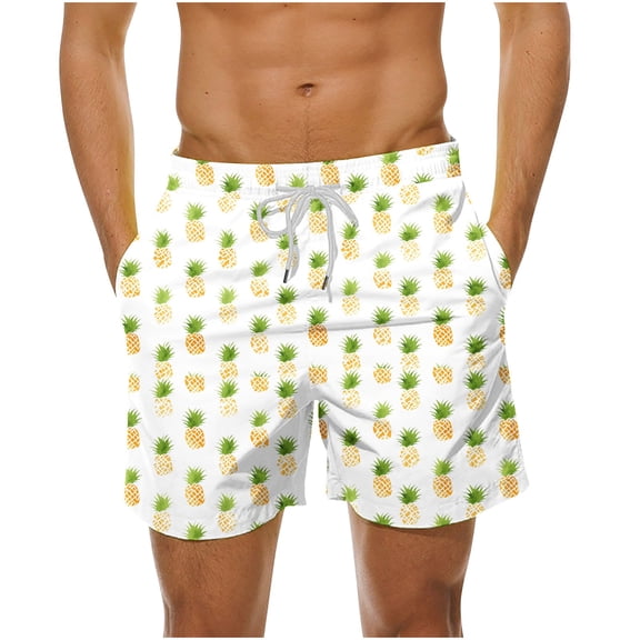 LYEAA Mens Swimwear Elastic Waist Summer Beach Big Men's Trunks Hawaiian Colorful Pineapple Print Drawstring Surf Board Shorts Casual Sports Trendy Comfortable Swimsuit with Pockets White M
