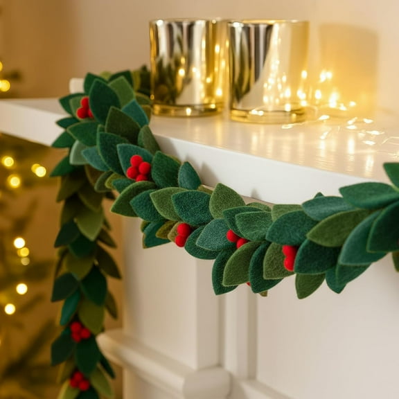 6FT Felt Holly Christmas Garland, Xmas Leaves Mistletoe Garlands Handmade Felt Holly Berry Garland for Christmas Furnace Fireplace Gate Mantle Table Home Christmas Decorations