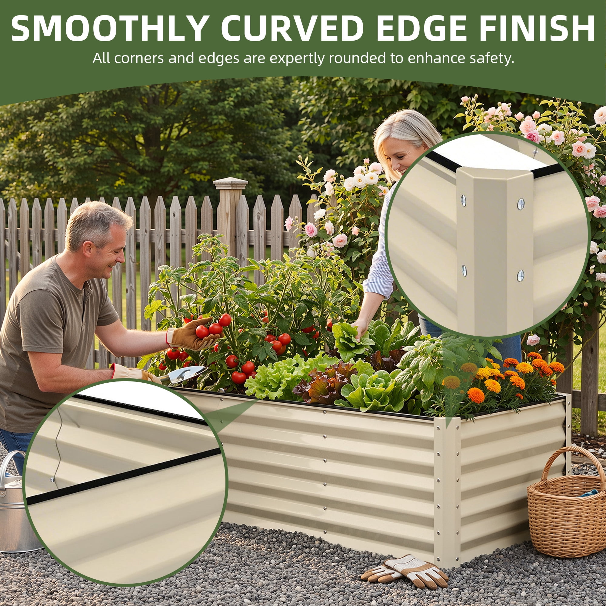 Uforic Galvanized Raised Garden Bed Kit, Metal Planter Box with Gloves, Metal Raised Garden Beds for Vegetables,Cream,8x4x3ft