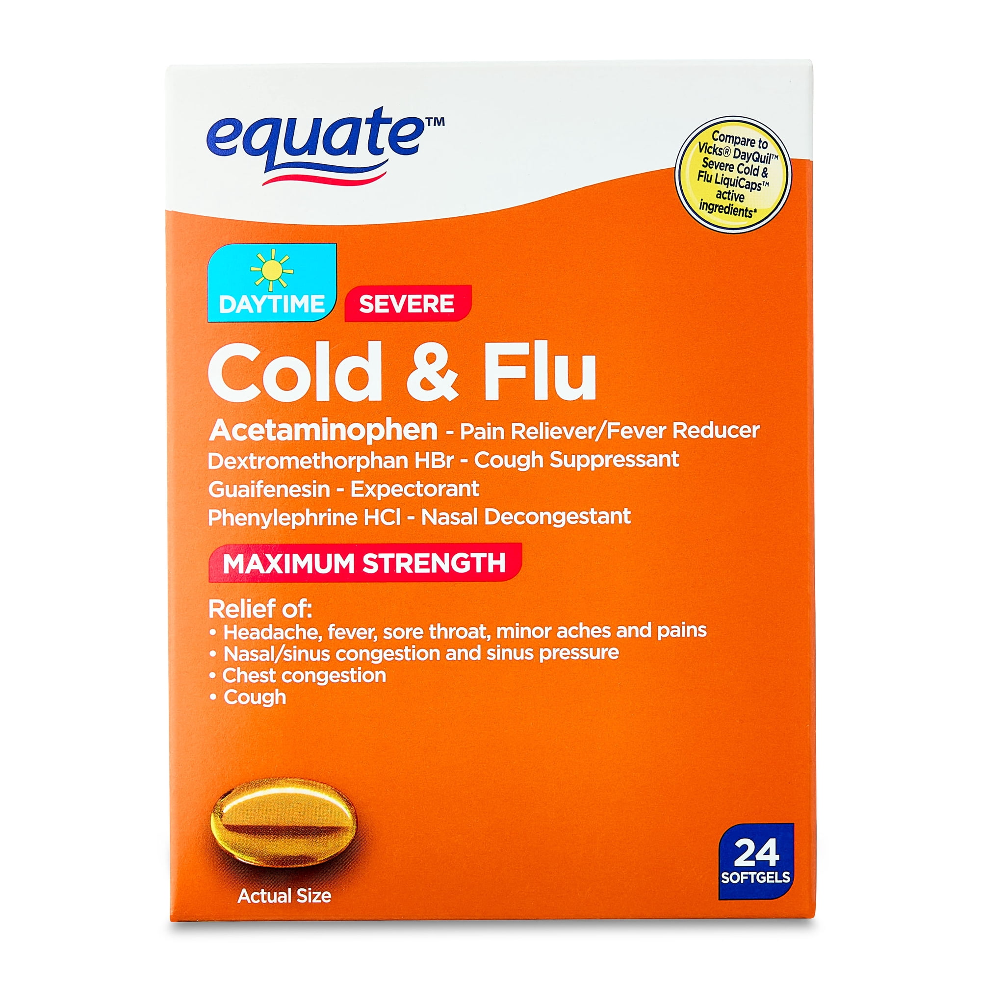 Equate Non Drowsy Daytime Severe Cold & Flu Softgels, Maximum Strength, 24 Count