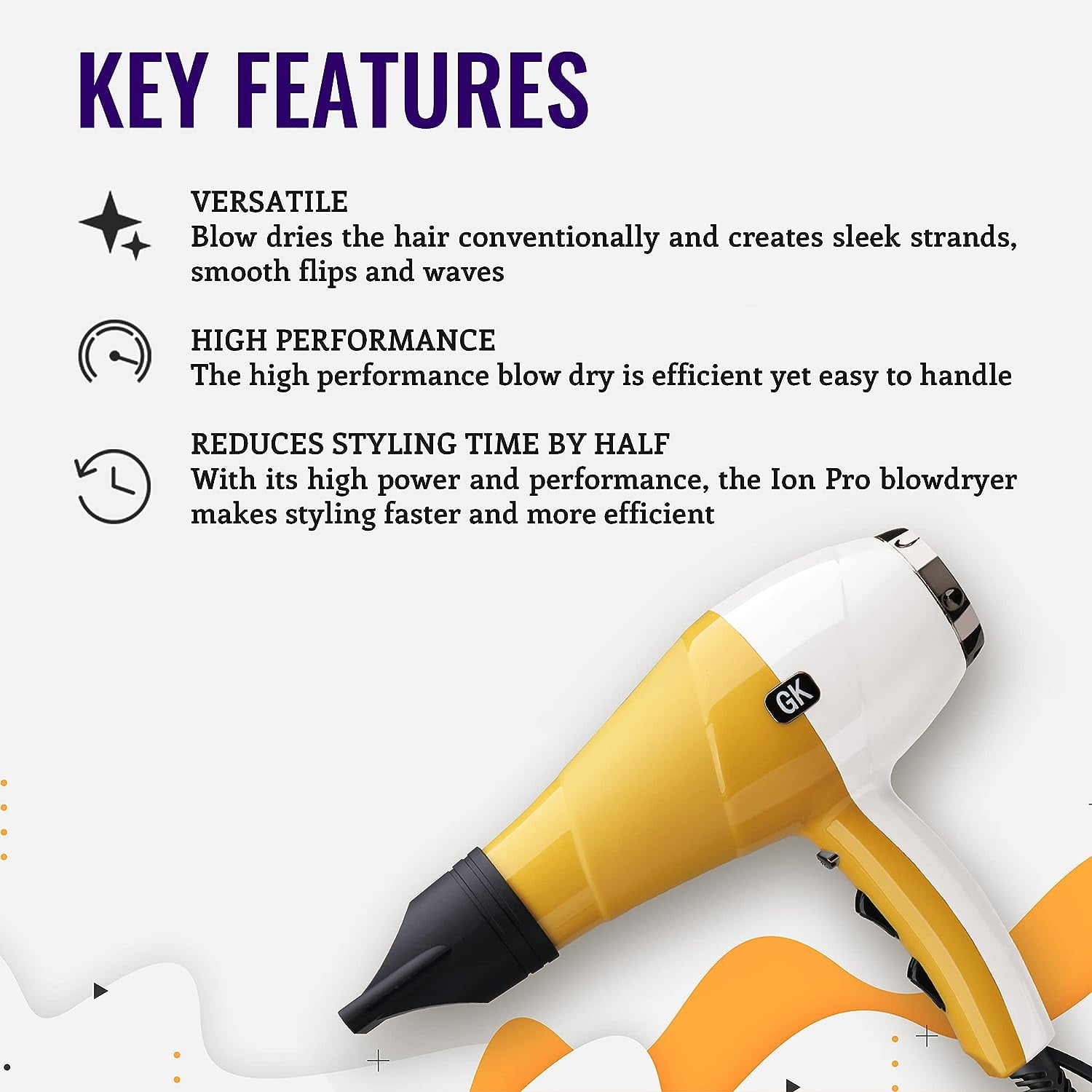 GK Hair Global Keratin Ion Pro Blow Dryer Professional Salon Grade 2 Speed & 3 Heat Settings, Cool Shot Function Blowdry Hairdryer for All Hair Types US Plug
