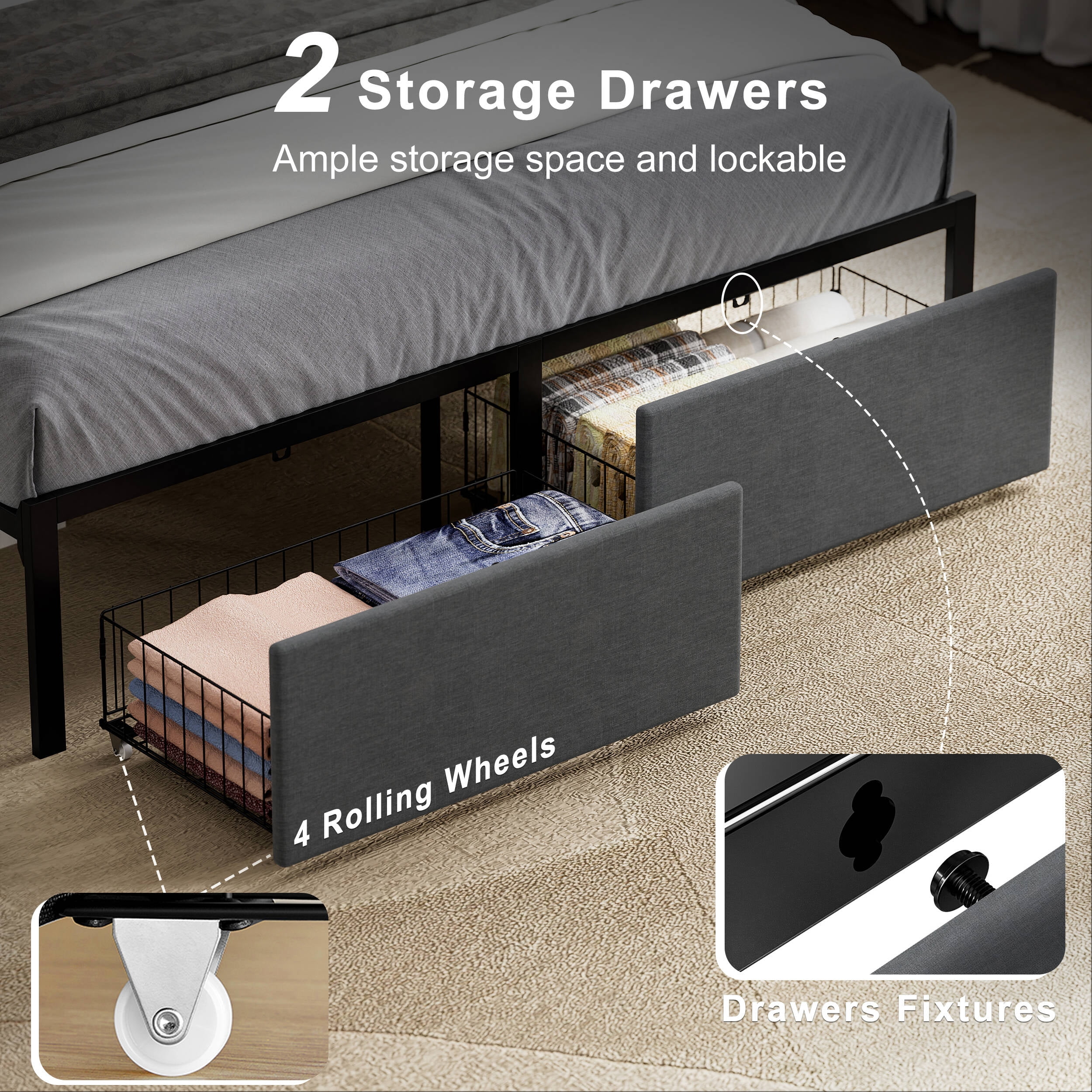 GUNAITO Full Bed Frame with Storage Drawers, Platform Bed with Ergonomic Tilted Upholstered Headboard , Metal Bed with Charging Station and LED, Dark Gray
