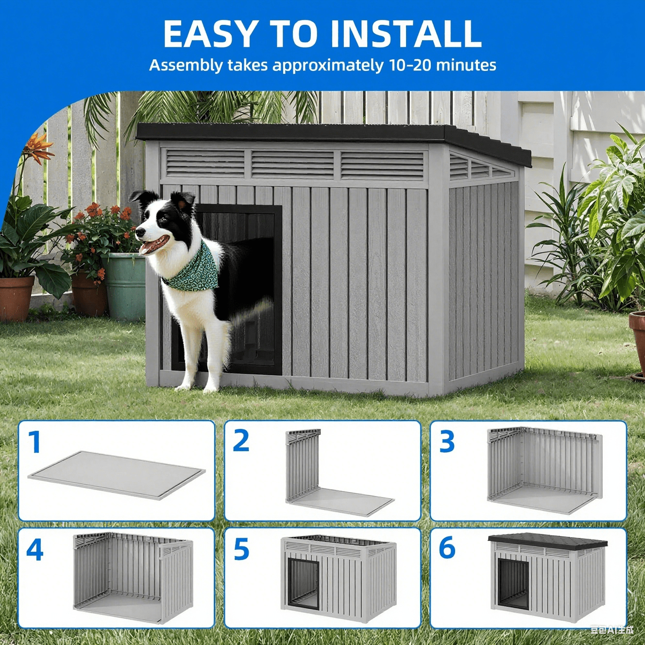FICARTS  Dog House for Both Indoor and Outdoor with Weatherproof Roof Removable Floors for Medium to Large Dogs Interior Space (Gray, Medium(31.9"D x 24.8"W x 24.1"H))