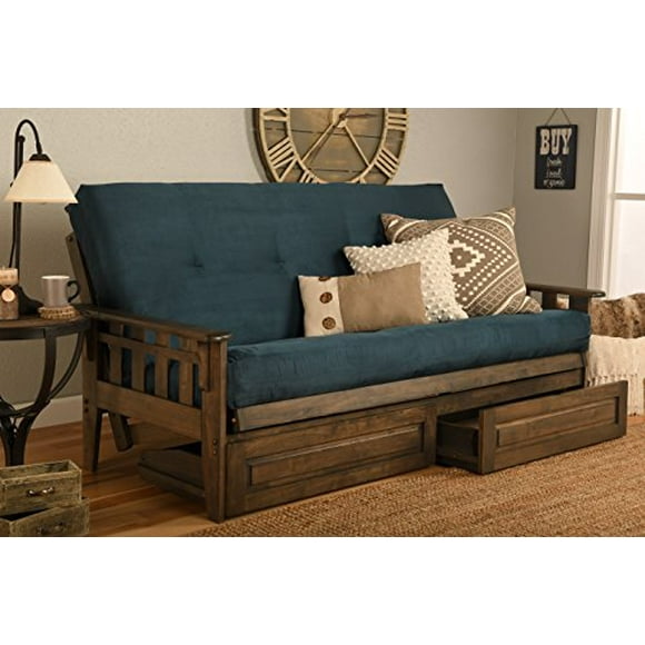 Kodiak Furniture Ensemble de Futon Complet Tucson, Fini Noyer Rustique, avec Tiroirs de Rangement, Suède Bleu Marine