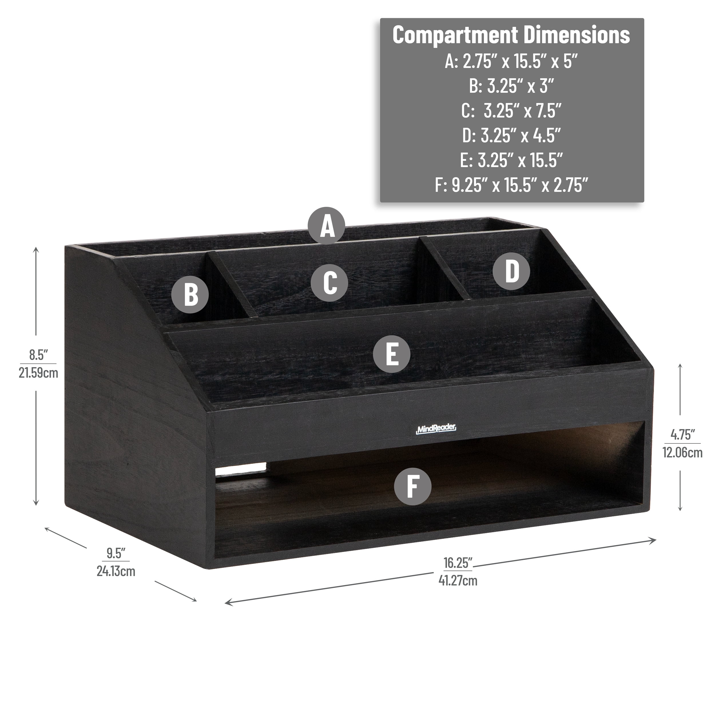 Mind Reader Desk Organizer, File Storage, Accessory Holder, Cord Management, Office, Wood, Black