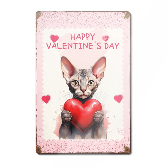 Happy Valentine's Day Sphynx Brings Love Heart Vertical Metal Aluminum Sign Cat Lover Kitten Owner Gifts Idea Wall Art Home Decor - 02028