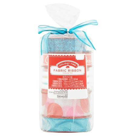 Holiday Time Pack of Fabric Ribbon, 5 count, Includes Glitter Ribbon, Festive Print Ribbon, Blue Ribbon, Striped Ribbon and Circle Pattern Ribbon
