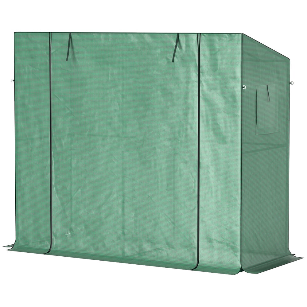 Lean-to-Wall Mini Greenhouse Green UV-Resistant PE Cover, Roll-Up Door & Mesh Windows, Pent Roof Anti-Rain Accumulation, Stable with Guy Ropes & Ground Stakes