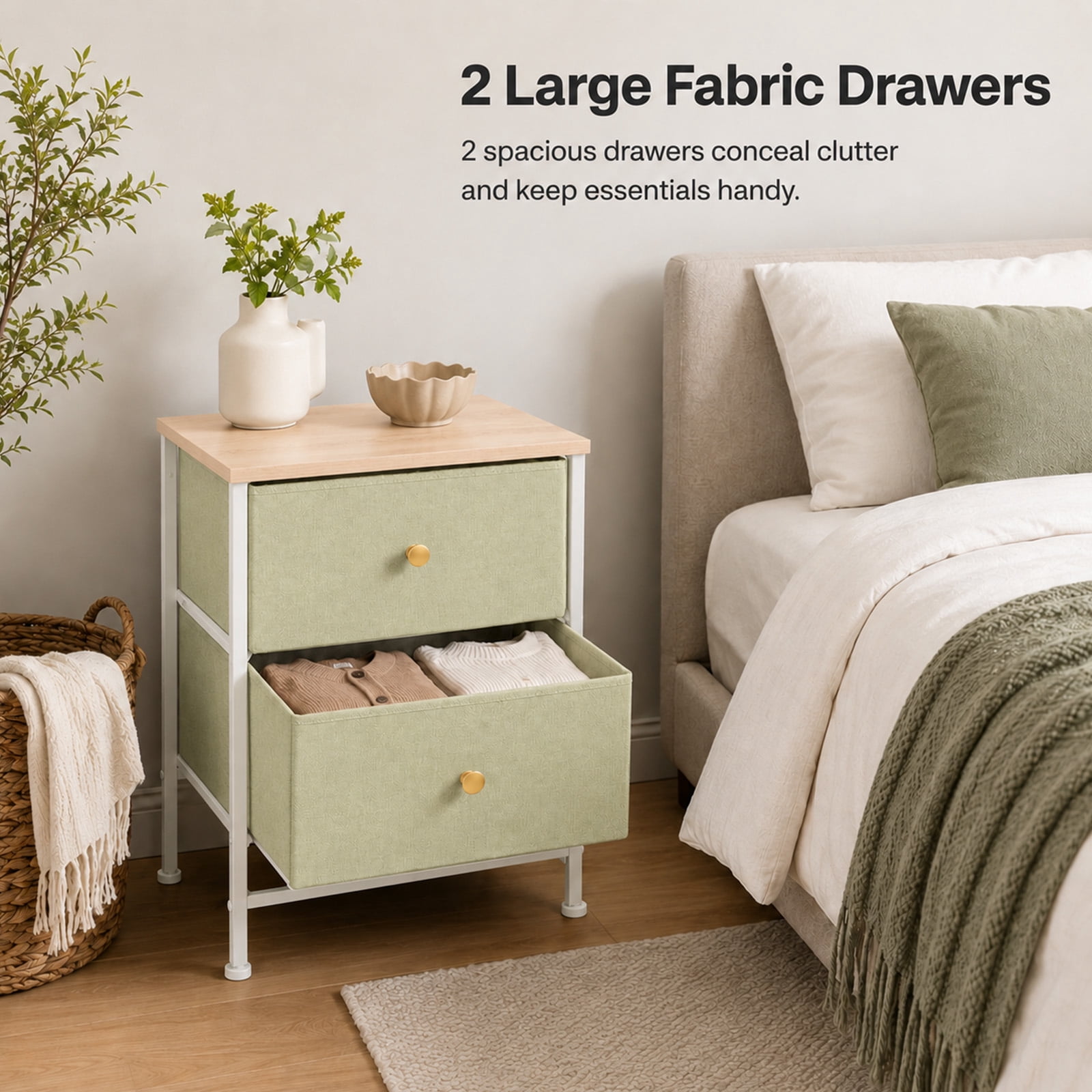 Alvantor Nightstand with 2 Storage Drawers, Small Bedside Table, Small Dresser with Sturdy Wooden Top for Daily Essentials, Compact Nightstand for Bedroom and Small Spaces