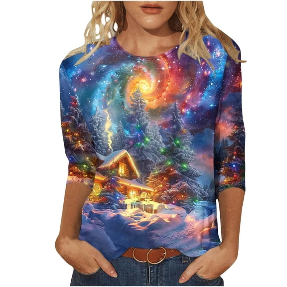 HCYSFG Womens Christmas T Shirts Crewneck 3/4 Sleeve Festive Tree Graphic Relaxed Fit Casual Holiday Tees Winter Tops
