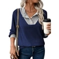 thumbnail image 2 of Shine Up Patchwork Sweatshirts for Women V Neck Long Sleeve Shirts Casual Pullover Tops, 2 of 8