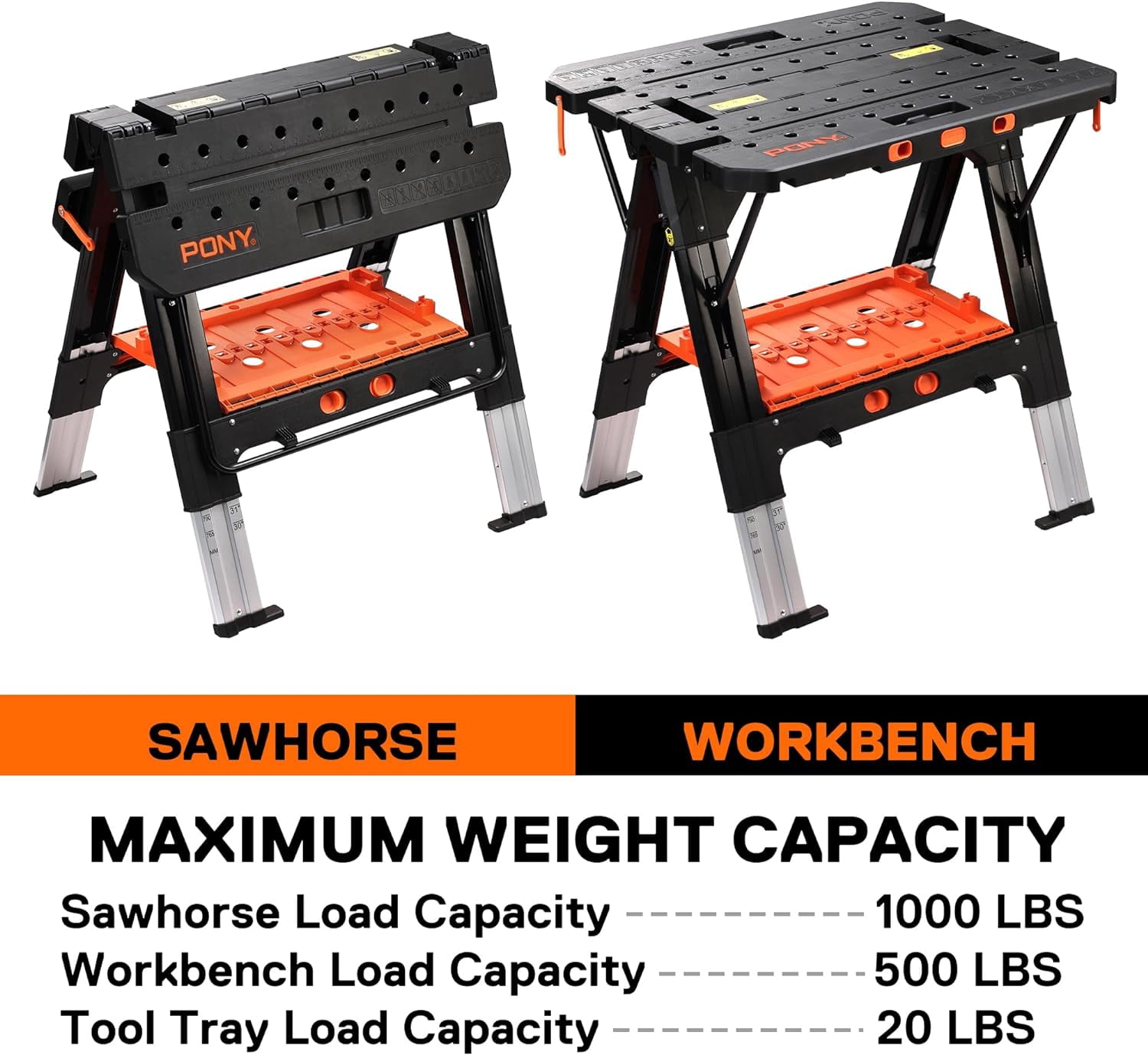 Pony Portable Folding Work Table, 2-in-1 as Sawhorse & Workbench, Load Capacity 1000 lbs-Sawhorse & 500 lbs-Workbench, 31” W×25” D×25”-32”H, with 4pcs Clamps, 4pcs Bench Dogs, 2pcs Safety Straps