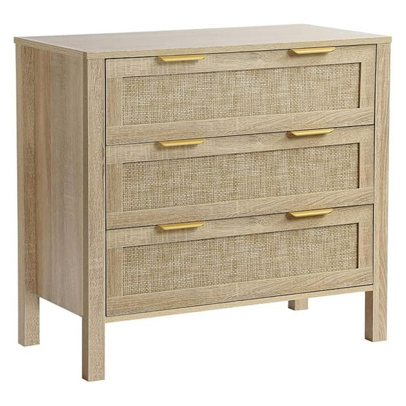 Rattan Chest of Dressers, Wooden Drawer Dresser, 3 Drawers Rattan Dresser for Bedroom, Living Room, Hallway (Natural-3 Drawers)