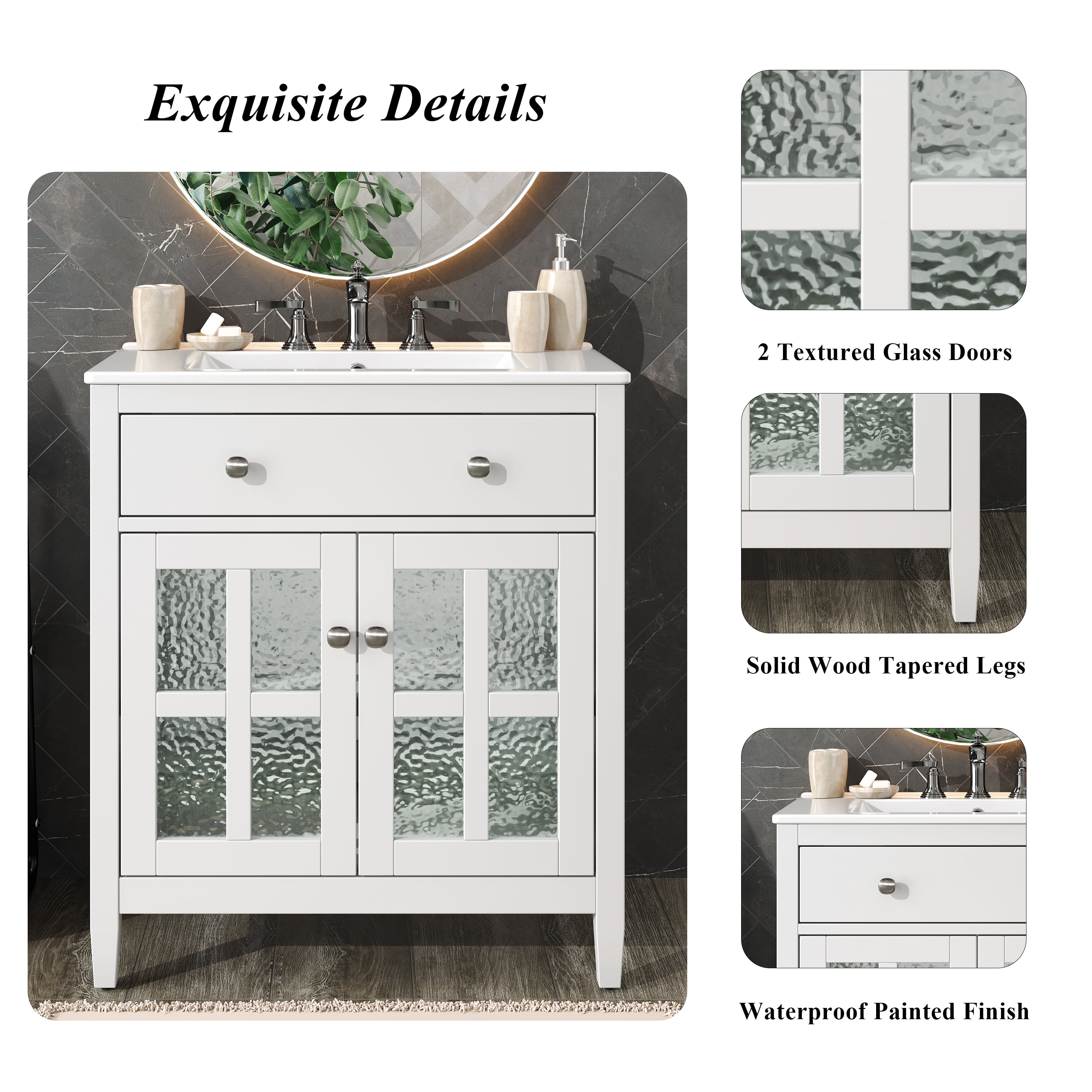 Euroco 30" Bathroom Vanity with Ceramic Sink, Equipped with Adjustable Shelf and Tip-Out Tray, Bathroom vanity with Solid Wood Legs, Silver Metal Knobs and Soft Close Hinges, White