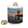 thumbnail image 1 of Lighthouse Piggy Bank, Calm Dusk at Bay Lighthouse and Wooden Boardwalk Reflections on Water Clouds, Ceramic Coin Bank Money Box for Cash Saving, 3.6" X 3.2", Multicolor, by Ambesonne, 1 of 4