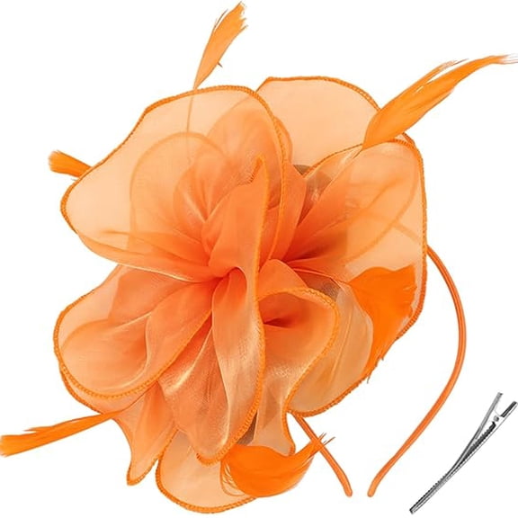 Fascinators Hat for Women Tea Party,Orange Feather Mesh Flower Fascinator with Headband and Clip Wedding Tea Party