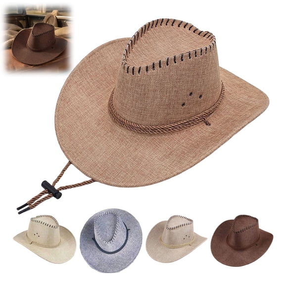 Joernso Western Cowboy Hat with Windbreak Rope for Men, Wide Brim Linen Sun Hat for Outdoor Travel, Halloween Cosplay Costume, Breathable Fedora Hats for Party