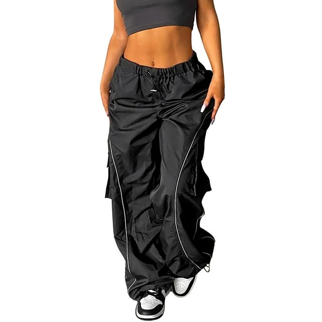 Gibobby Pantalones de mezclilla cargo holgados para mujer, Retro, con múltiples bolsillos, cintura , con cordón, hebilla de nariz de cerdo, pantalones casuales tejidos rectos (Negro, L)