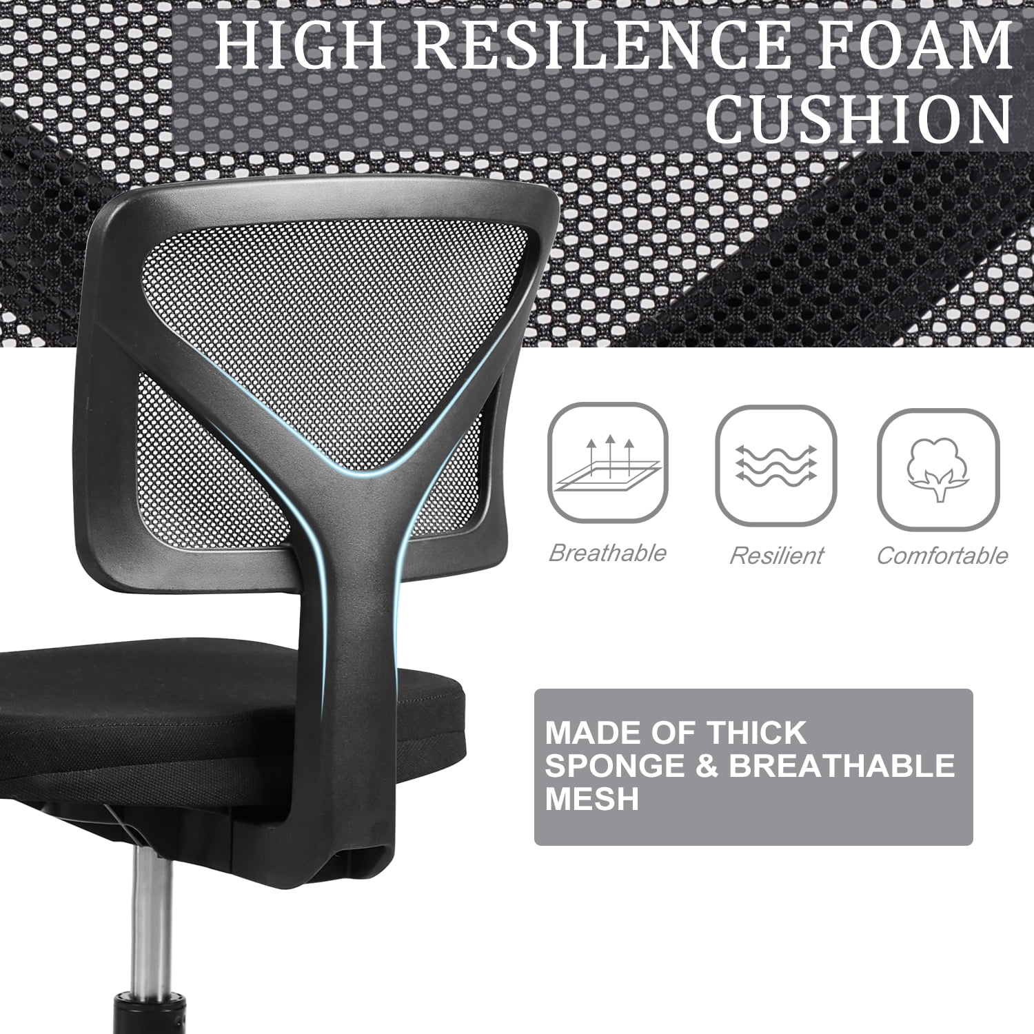 ZUNMOS Armless Mesh Desk Chair, Low Back Ergonomic Home Office Task Chair Rolling Swivel for Small Spaces, Height Adjustable, Black