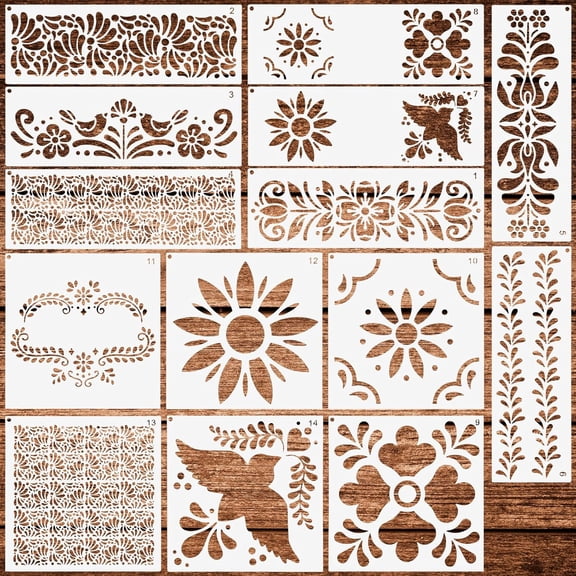 "14 Pcs Talavera Stencils for Crafts, Reusable Cake Stencils, Mexican Floral Stencil for Furniture Wood Wall Canvas Floor, Border Stencil for Painting Fabric DIY Projects Christmas
