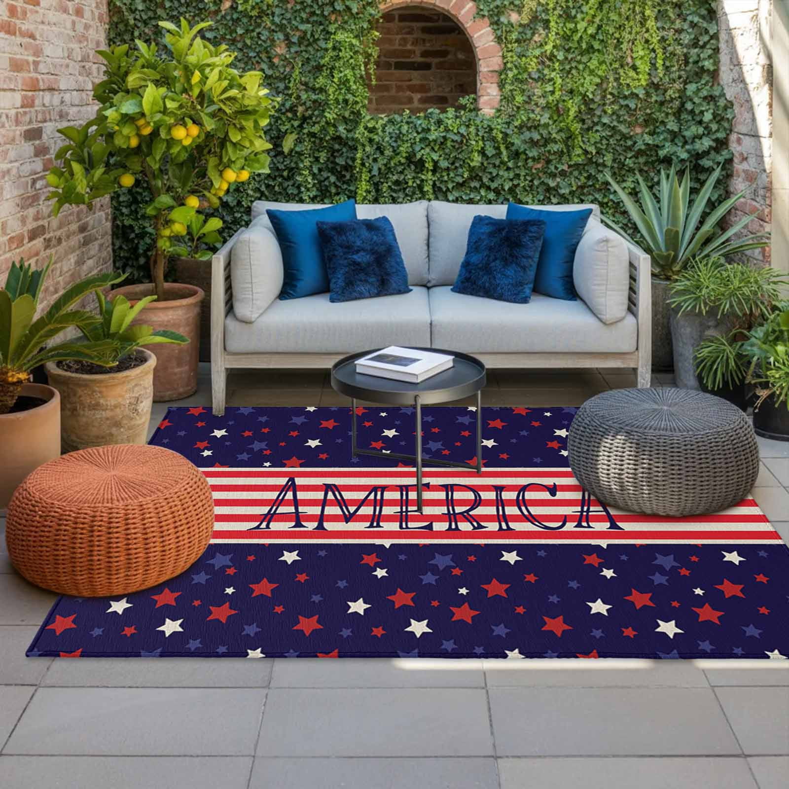American Flag Outdoor Rug for Patio/Deck/Porch, Non-Slip Large Area Rug 3 x 5 Ft, Independence Day Red Blue Star Striped Indoor Outdoor Rugs Washable Area Rugs, Reversible Camping Rug Carpet Runner