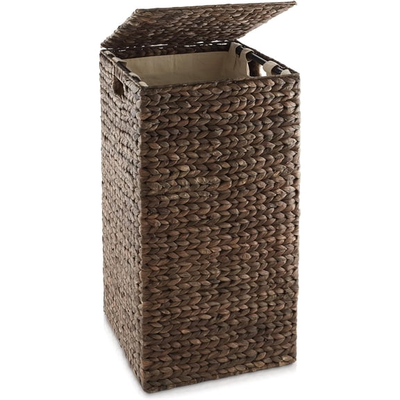JessieMal Laundry Hamper with Lid and Removable Liner Bag - Espresso Dark Brown, Woven Water Hyacinth Square Laundry Basket Sorter for Clothes, Towels