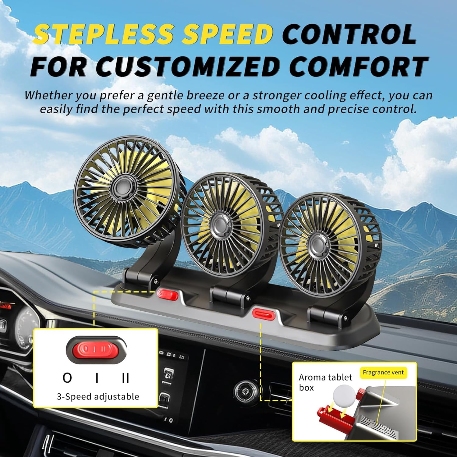 XZKING  Car Fan Three Head Portable Vehicle Cooling Fan with Two Speeds, 360° Rotation Fan with Cigarette Lighter Plug for Vehicles, RV, SUV