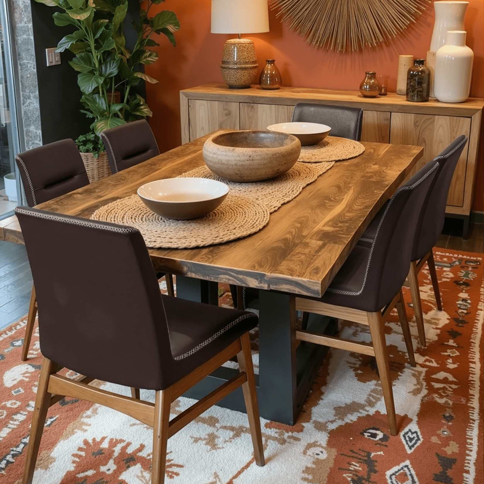 Leather Dining Chairs Set of 2, Embroidered Leather Upholstered Dining Chairs for Kitchen, Dining Room, Brown
