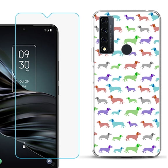 Slim-Fit Fashion Phone Case for TCL 20 XE, with Tempered Glass Screen Protector, by OneToughShield ® - Colorful Dachshund/Puppy