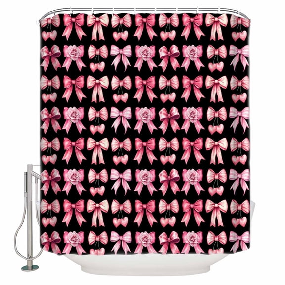 Extra Long Shower Curtain 72x96 Inch, Pink Bow Rose Shower Curtain Waterproof Bathroom Decor Sweet Cherry Vintage Romantic Fabric Bath Curtain Set Accessories with Hooks
