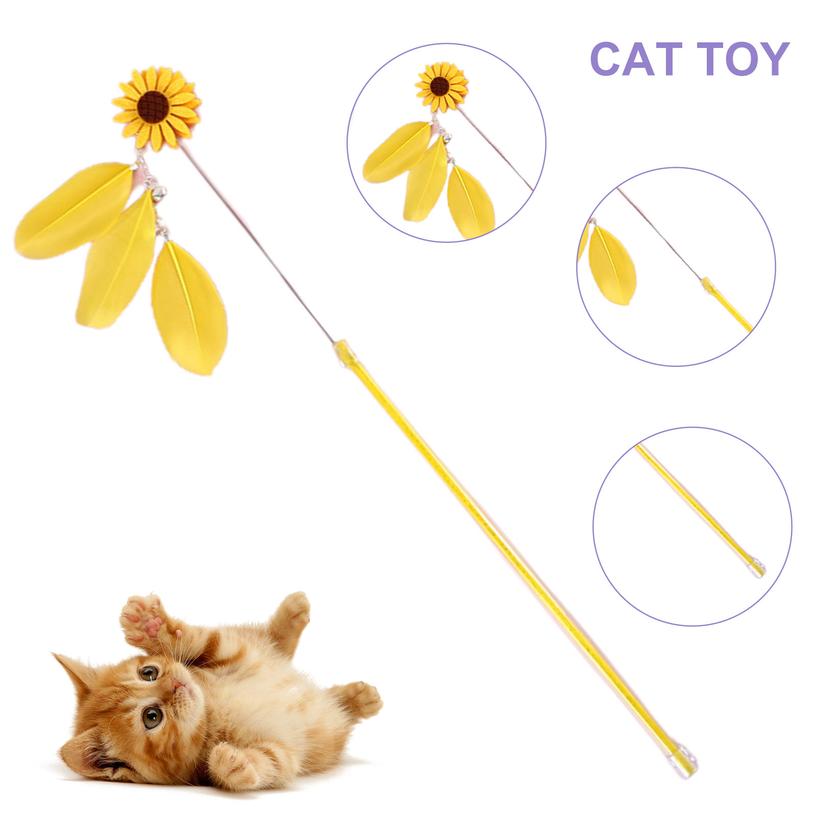 DOPI Cats Wand Toy Flower Feather Decor Pet Interaction Handmade Cats Stick Teaser Toy with Bell Cats Supplies